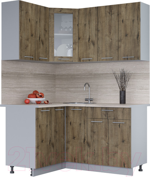 Изображение товара Кухонный гарнитур Интерлиния Мила 12x15 (дуб веллингтон/дуб веллингтон/травертин серый)