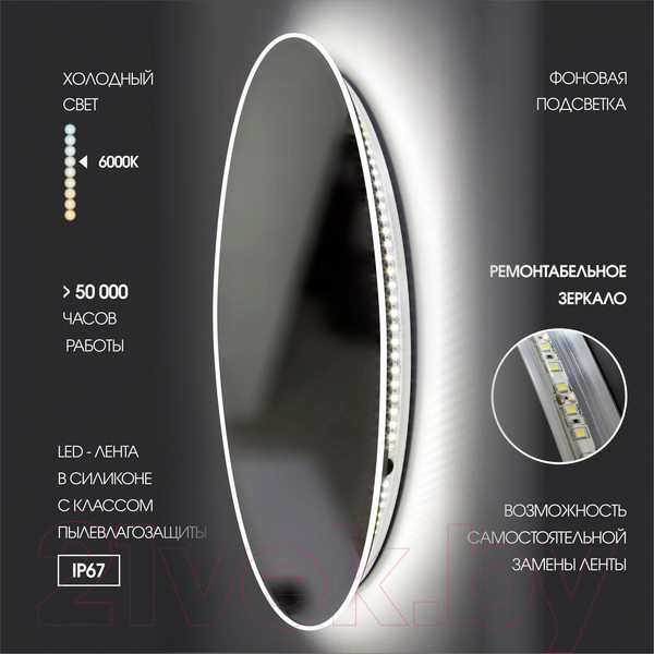 Изображение товара Зеркало Алмаз-Люкс Tokyo White 70d2-6 (с подсветкой и датчиком движения)