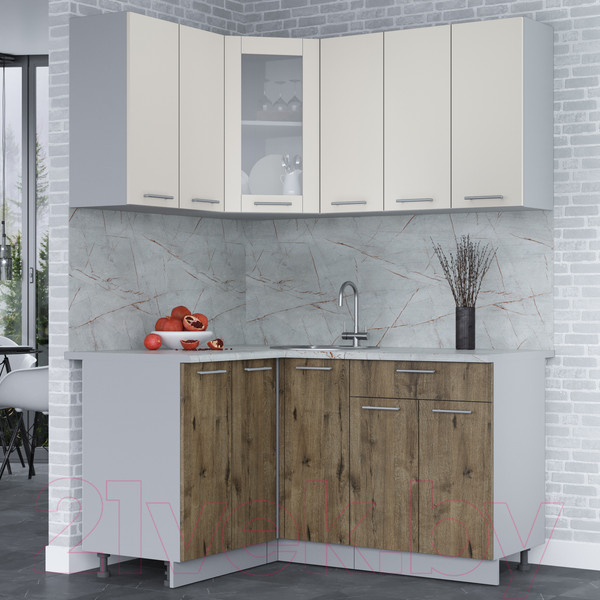 Изображение товара Кухонный гарнитур Интерлиния Мила 12x15 (персидский жемчуг/дуб веллингтон/серый каспий)