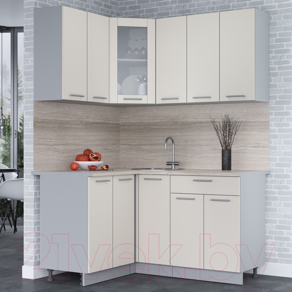Изображение товара Кухонный гарнитур Интерлиния Мила 12x15 (персидский жемчуг/персидский жемчуг/травертин серый)