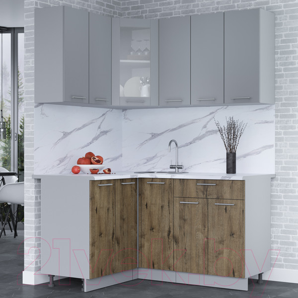Изображение товара Кухонный гарнитур Интерлиния Мила 12x15 (серебро/дуб веллингтон/белый гранит)