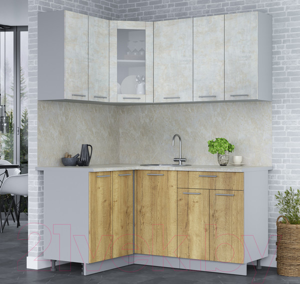 Изображение товара Кухонный гарнитур Интерлиния Мила 12x16 (бетон лайт/дуб золотой/опал светлый)