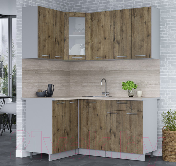 Изображение товара Кухонный гарнитур Интерлиния Мила 12x16 (дуб веллингтон/дуб веллингтон/травертин серый)