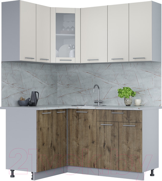 Изображение товара Кухонный гарнитур Интерлиния Мила 12x16 (персидский жемчуг/дуб веллингтон/серый каспий)