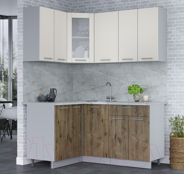 Изображение товара Кухонный гарнитур Интерлиния Мила 12x16 (персидский жемчуг/дуб веллингтон/серый каспий)