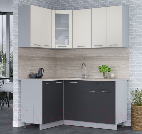 Изображение товара Кухонный гарнитур Интерлиния Мила 12x16 (персидский жемчуг/антрацит/травертин серый)