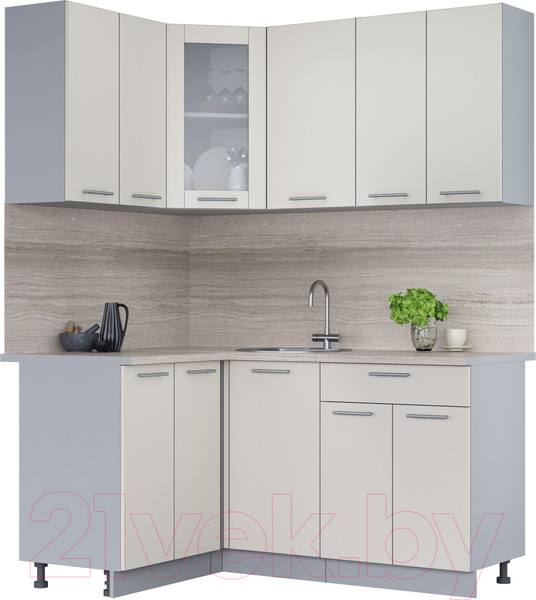 Изображение товара Кухонный гарнитур Интерлиния Мила 12x16 (персидский жемчуг/персидский жемчуг/травертин серый)