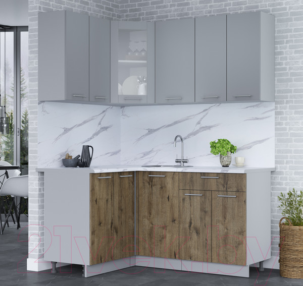 Изображение товара Кухонный гарнитур Интерлиния Мила 12x16 (серебро/дуб веллингтон/белый гранит)