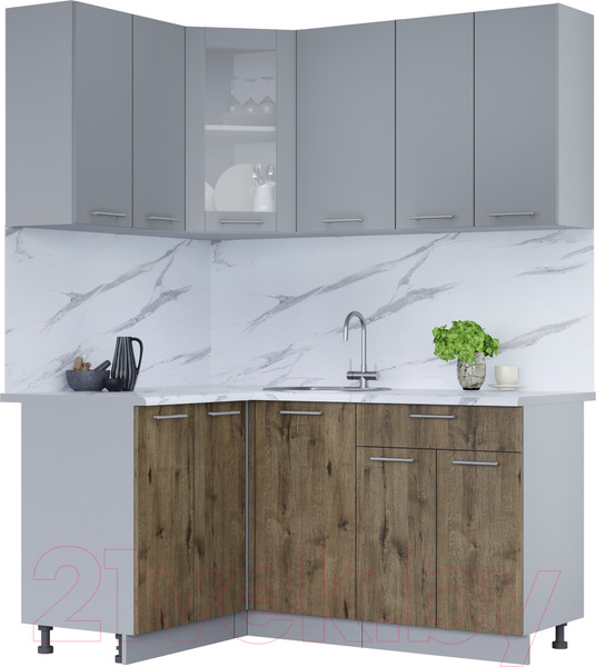 Изображение товара Кухонный гарнитур Интерлиния Мила 12x16 (серебро/дуб веллингтон/белый гранит)