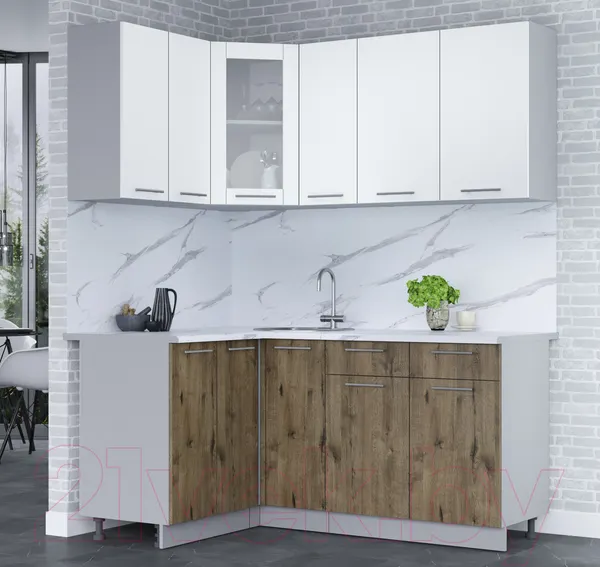 Изображение товара Кухонный гарнитур Interline Мила 12x17 (белый платинум/дуб веллингтон/белый гранит)