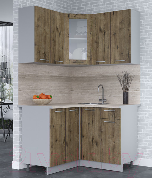 Изображение товара Кухонный гарнитур Интерлиния Мила 12x12 (дуб веллингтон/дуб веллингтон/травертин серый)