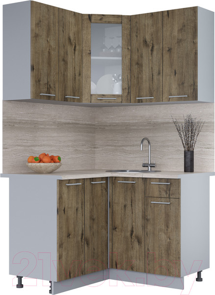 Изображение товара Кухонный гарнитур Интерлиния Мила 12x12 (дуб веллингтон/дуб веллингтон/травертин серый)