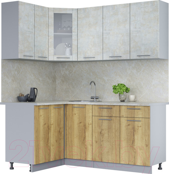 Изображение товара Кухонный гарнитур Интерлиния Мила 12x18 (бетон лайт/дуб золотой/опал светлый)