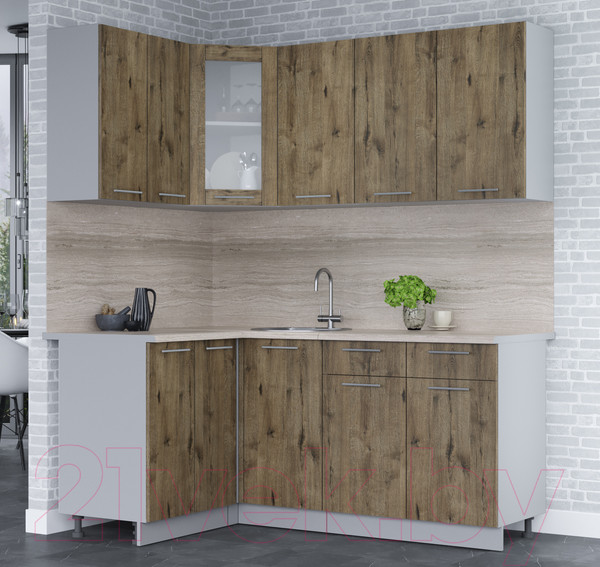 Изображение товара Кухонный гарнитур Интерлиния Мила 12x18 (дуб веллингтон/дуб веллингтон/травертин серый)