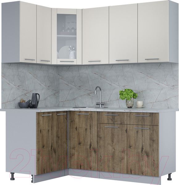 Изображение товара Кухонный гарнитур Интерлиния Мила 12x18 (персидский жемчуг/дуб веллингтон/серый каспий)