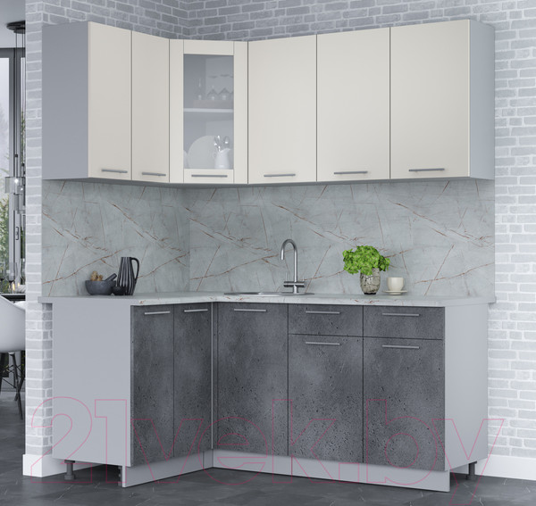 Изображение товара Кухонный гарнитур Интерлиния Мила 12x18 (персидский жемчуг/бетон портленд/серый каспий)