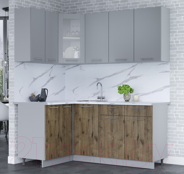 Изображение товара Кухонный гарнитур Интерлиния Мила 12x18 (серебро/дуб веллингтон/белый гранит)
