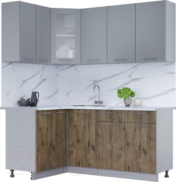 Изображение товара Кухонный гарнитур Интерлиния Мила 12x18 (серебро/дуб веллингтон/белый гранит)