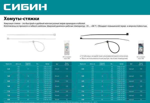 Изображение товара Стяжка для кабеля Сибин 250x3.6мм / 3786-36-250 (100шт, белый)