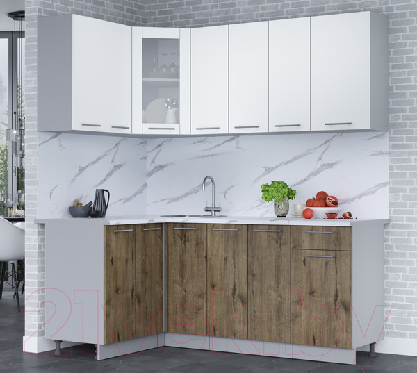 Изображение товара Кухонный гарнитур Интерлиния Мила 12x19 (белый платинум/дуб веллингтон/белый гранит)