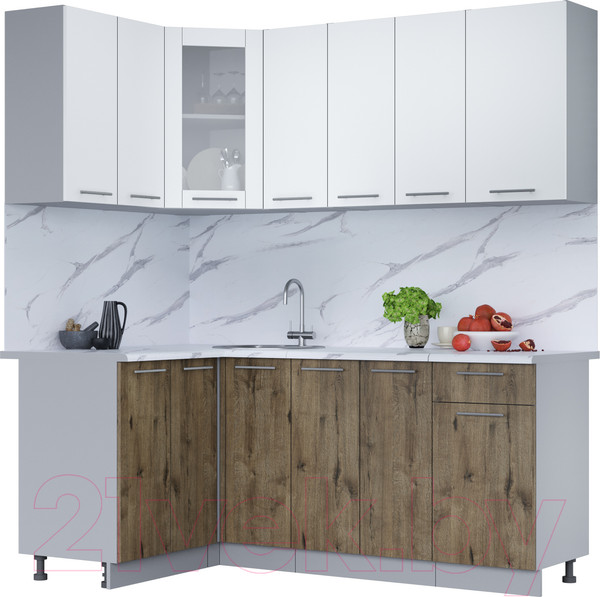 Изображение товара Кухонный гарнитур Интерлиния Мила 12x19 (белый платинум/дуб веллингтон/белый гранит)