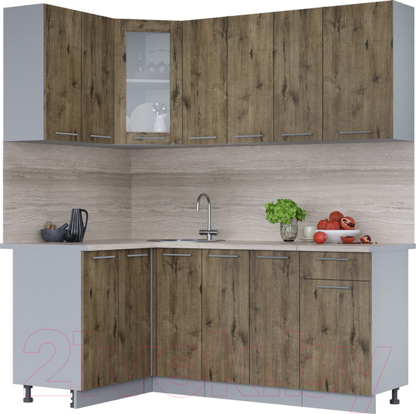 Изображение товара Кухонный гарнитур Интерлиния Мила 12x19 (дуб веллингтон/дуб веллингтон/травертин серый)