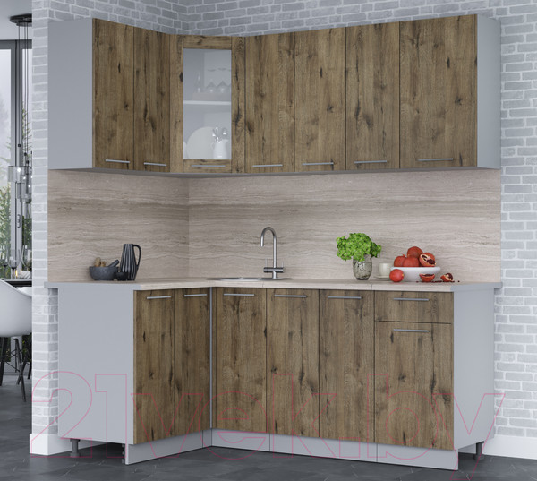 Изображение товара Кухонный гарнитур Интерлиния Мила 12x19 (дуб веллингтон/дуб веллингтон/травертин серый)