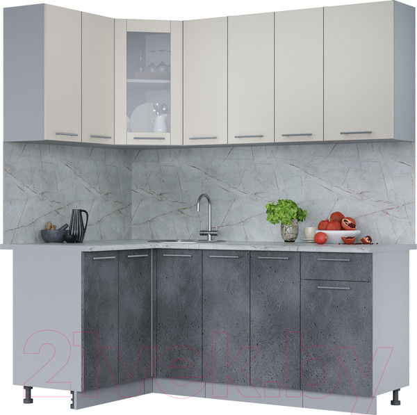 Изображение товара Кухонный гарнитур Интерлиния Мила 12x19 (персидский жемчуг/бетон портленд/серый каспий)