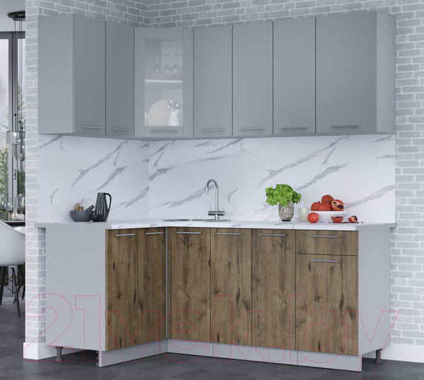 Изображение товара Кухонный гарнитур Интерлиния Мила 12x19 (серебро/дуб веллингтон/белый гранит)