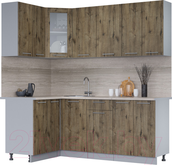 Изображение товара Кухонный гарнитур Интерлиния Мила 12x20 (дуб веллингтон/дуб веллингтон/травертин серый)