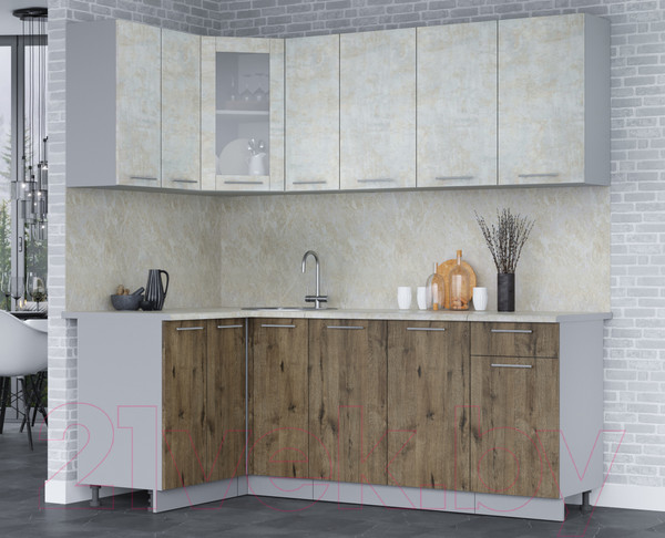 Изображение товара Кухонный гарнитур Интерлиния Мила 12x21 (бетон лайт/дуб веллингтон/опал светлый)