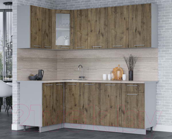 Изображение товара Кухонный гарнитур Интерлиния Мила 12x21 (дуб веллингтон/дуб веллингтон/травертин серый)