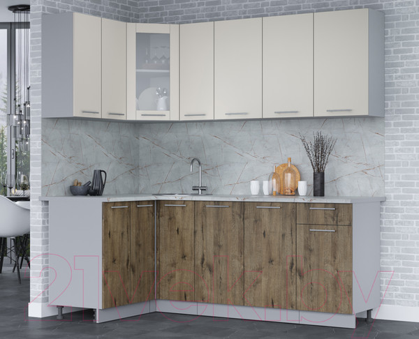 Изображение товара Кухонный гарнитур Интерлиния Мила 12x21 (персидский жемчуг/дуб веллингтон/серый каспий)