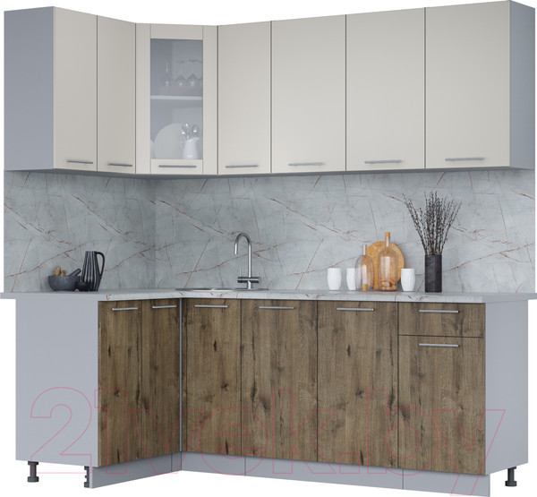 Изображение товара Кухонный гарнитур Интерлиния Мила 12x21 (персидский жемчуг/дуб веллингтон/серый каспий)
