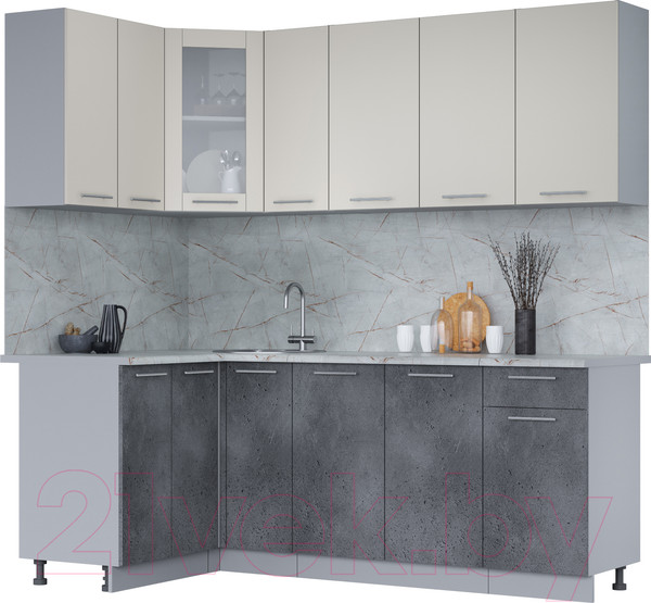 Изображение товара Кухонный гарнитур Интерлиния Мила 12x21 (персидский жемчуг/бетон портленд/серый каспий)