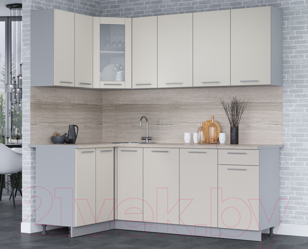 Изображение товара Кухонный гарнитур Интерлиния Мила 12x21 (персидский жемчуг/персидский жемчуг/травертин серый)