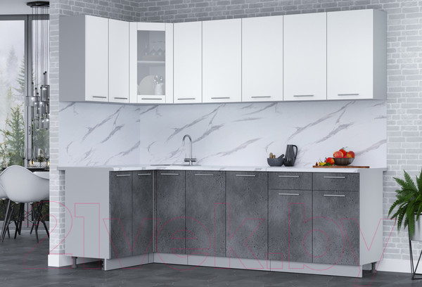 Изображение товара Кухонный гарнитур Интерлиния Мила 12x25 (белый платинум/бетон портленд/белый гранит)