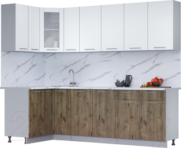 Изображение товара Кухонный гарнитур Интерлиния Мила 12x25 (белый платинум/дуб веллингтон/белый гранит)