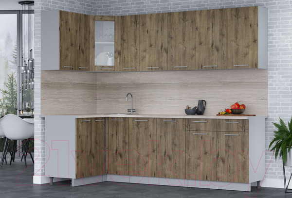 Изображение товара Кухонный гарнитур Интерлиния Мила 12x25 (дуб веллингтон/дуб веллингтон/травертин серый)