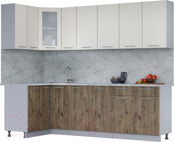 Изображение товара Кухонный гарнитур Интерлиния Мила 12x25 (персидский жемчуг/дуб веллингтон/серый каспий)