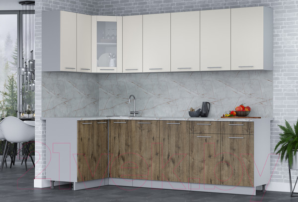 Изображение товара Кухонный гарнитур Интерлиния Мила 12x25 (персидский жемчуг/дуб веллингтон/серый каспий)