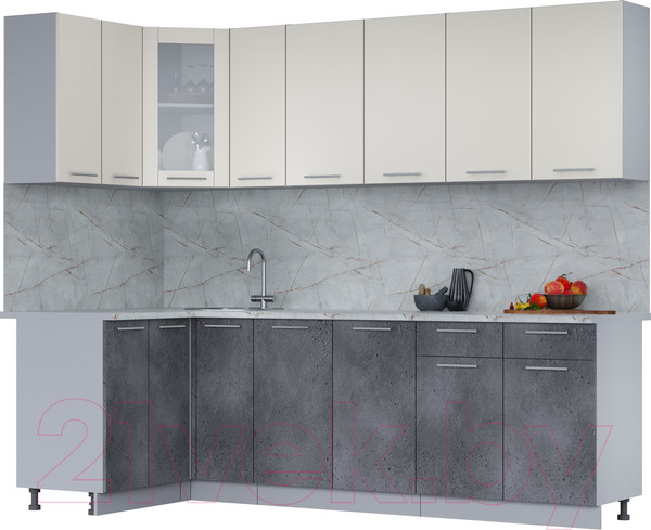 Изображение товара Кухонный гарнитур Интерлиния Мила 12x25 (персидский жемчуг/бетон портленд/серый каспий)