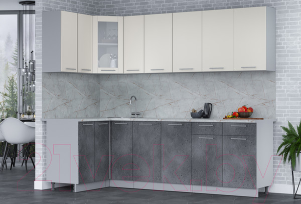 Изображение товара Кухонный гарнитур Интерлиния Мила 12x25 (персидский жемчуг/бетон портленд/серый каспий)