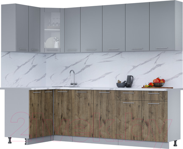 Изображение товара Кухонный гарнитур Интерлиния Мила 12x25 (серебро/дуб веллингтон/белый гранит)