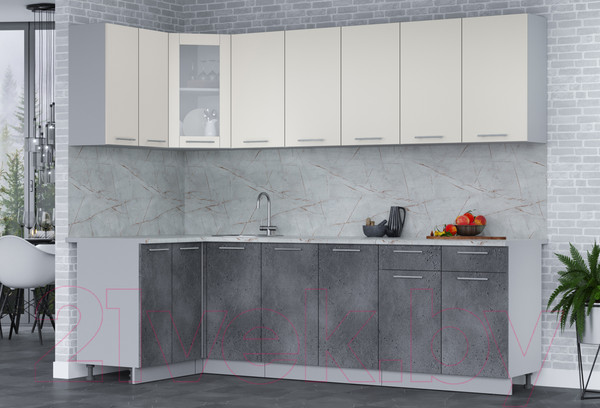 Изображение товара Кухонный гарнитур Интерлиния Мила 12x26 (персидский жемчуг/бетон портленд/серый каспий)