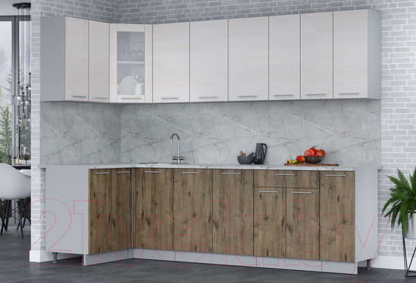 Изображение товара Кухонный гарнитур Интерлиния Мила 12x27 (вудлайн кремовый/дуб веллингтон/серый каспий)