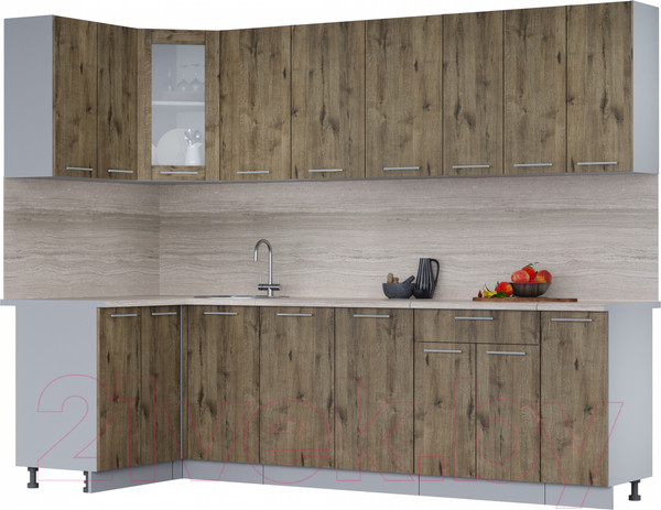Изображение товара Кухонный гарнитур Интерлиния Мила 12x27 (дуб веллингтон/дуб веллингтон/травертин серый)