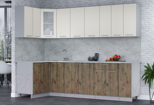 Изображение товара Кухонный гарнитур Интерлиния Мила 12x27 (персидский жемчуг/дуб веллингтон/серый каспий)