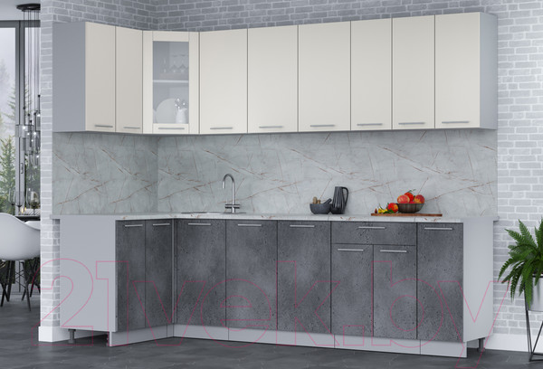 Изображение товара Кухонный гарнитур Интерлиния Мила 12x27 (персидский жемчуг/бетон портленд/серый каспий)