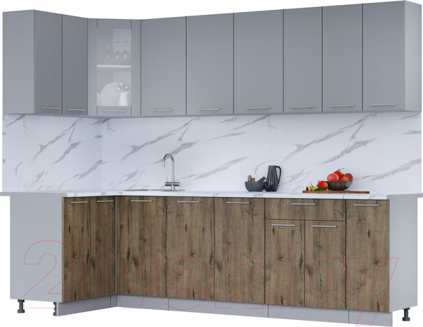 Изображение товара Кухонный гарнитур Интерлиния Мила 12x27 (серебро/дуб веллингтон/белый гранит)